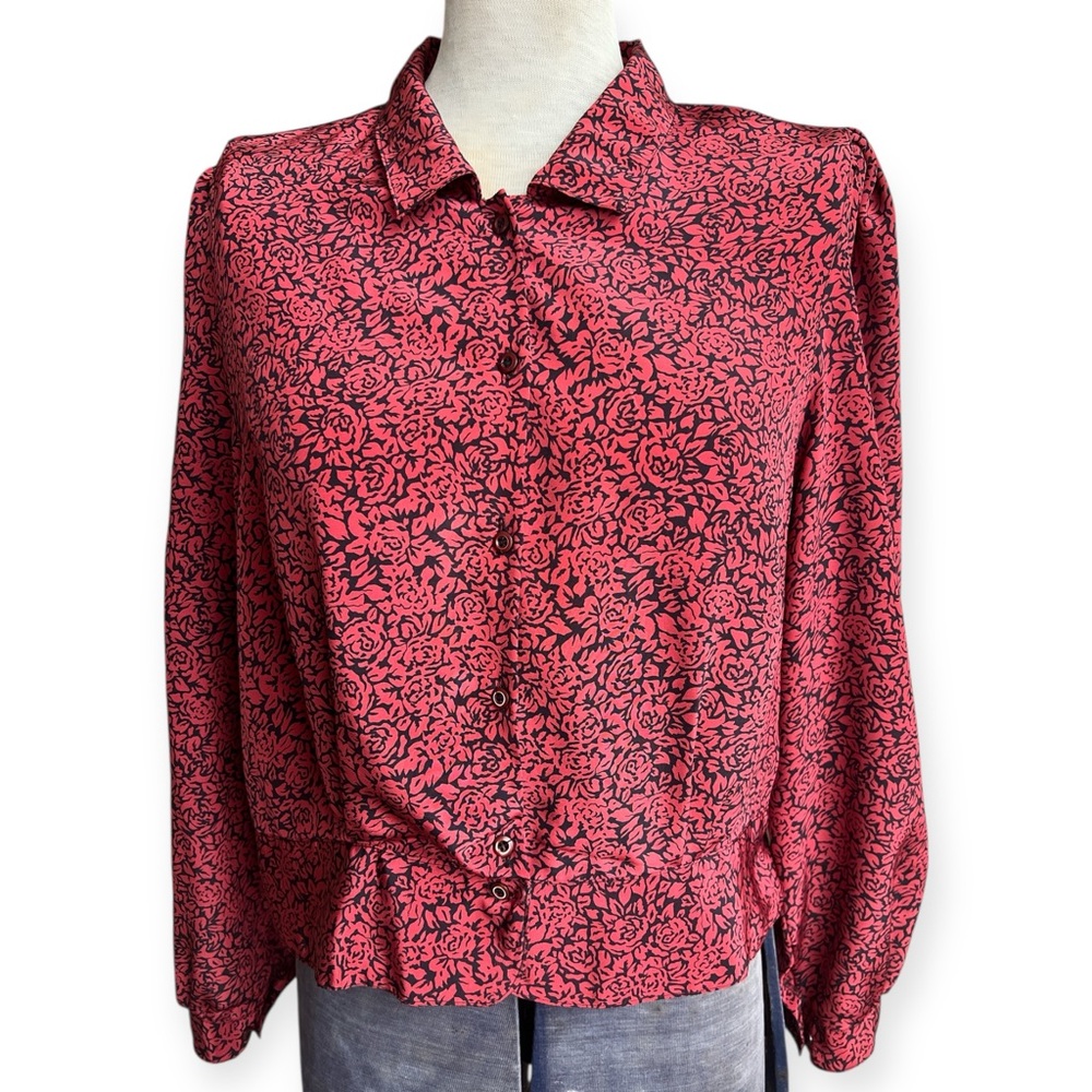 Vintage Silk Red Rose Print Blouse